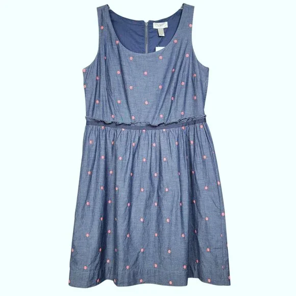 LOFT | Dresses | Ann Taylor Loft Dress Womens 6 Chambray Blue Pink Dots  Sleeveless 0 Cotton | Poshmark